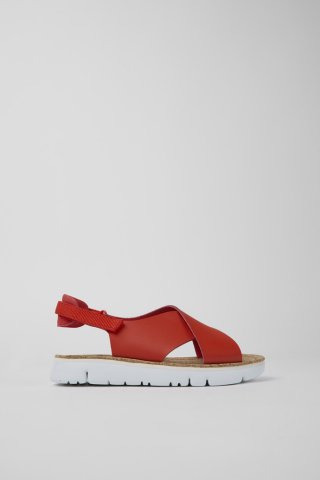 Neu Eingetroffen Camper Oruga - Rote Damensandale aus Leder und Textil Neu Eingetroffen Camper Oruga - Rote Damensandale aus Leder und Textil